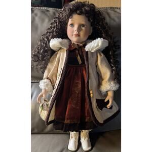 -DOLL PORCELAIN swan collection Long Brown Curly Hair Blue Eyes 21”